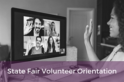 [ai] A woman waving during a virtual meeting displayed on a computer screen with five participants smiling and waving. Text at the bottom reads, 'State Fair Volunteer Orientation.' The setting appears casual and friendly.